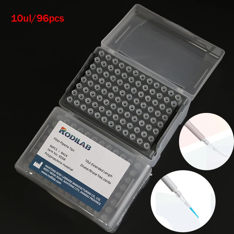 96 Pieces/box Laboratory Disposable Boxed 10ul Long Filter Tip Pipette Tip No Enzyme and No Pyrogen Scientific Office Stationery