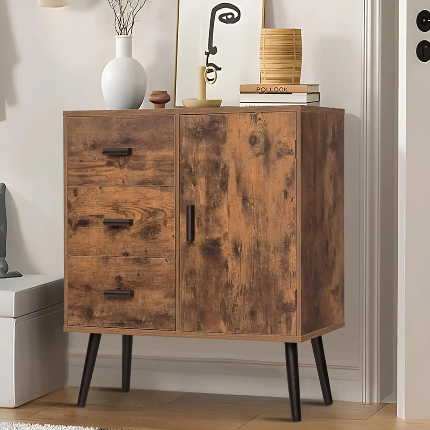 

Storage Cabinet with 3 Drawers & Adjustable Shelf, Mid Century with Door, Accent Cabinet for Living Room, Home Office, Entryway