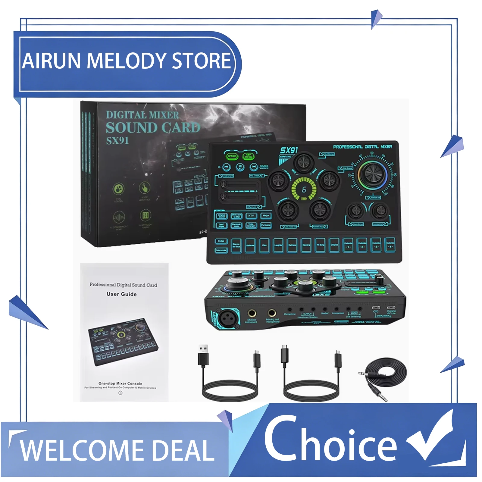 SX91 Audio Mixer Voice Changer 48V Microphone Sound Mixer Live Sound Card Audio Mixing Console Amplifier for Livestreaming