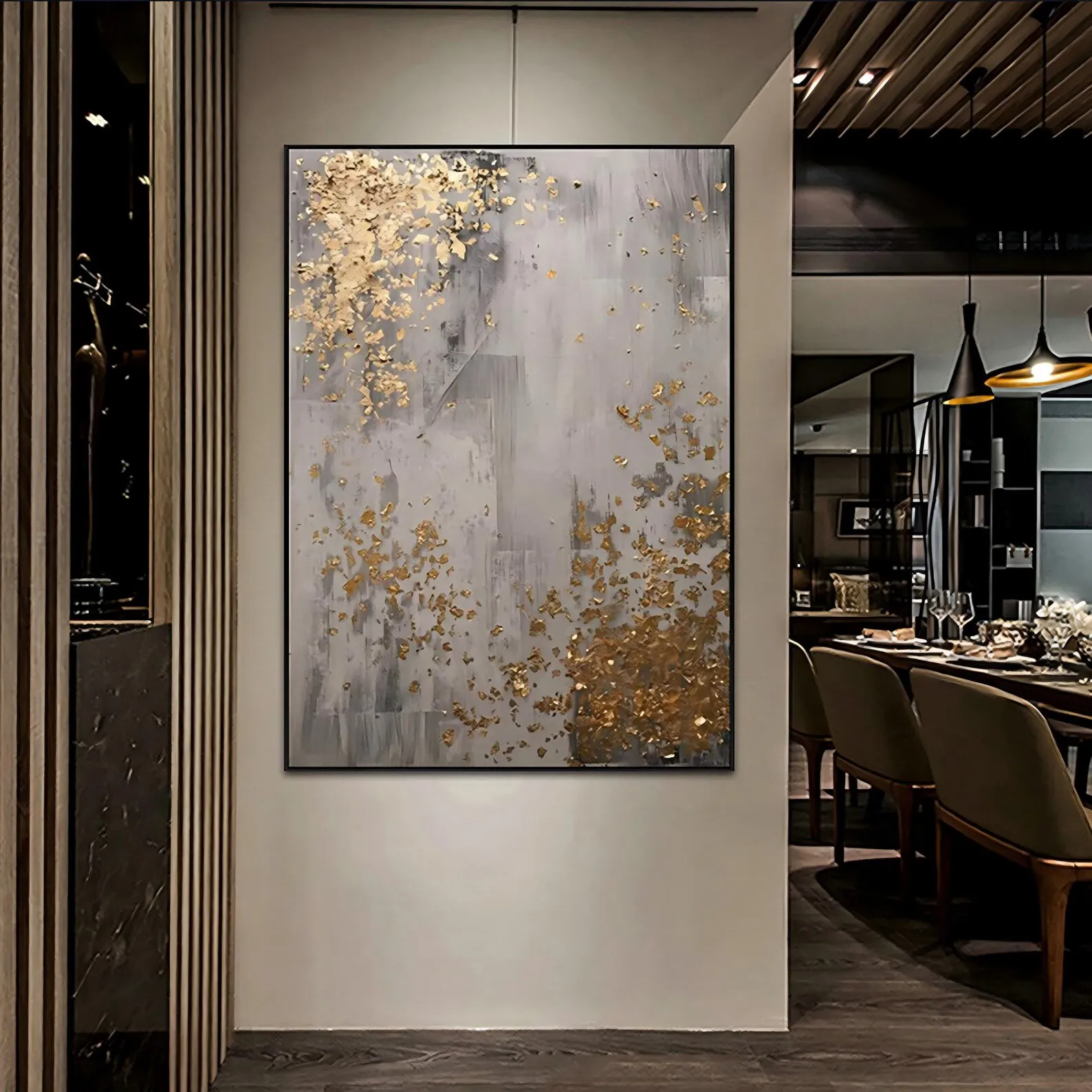 Mhemyo Wabi Sabi Neutral Grey Textured Canvas Gold Embellished Abstract Hand Painted Oil Painting For Living Room or Home Decor