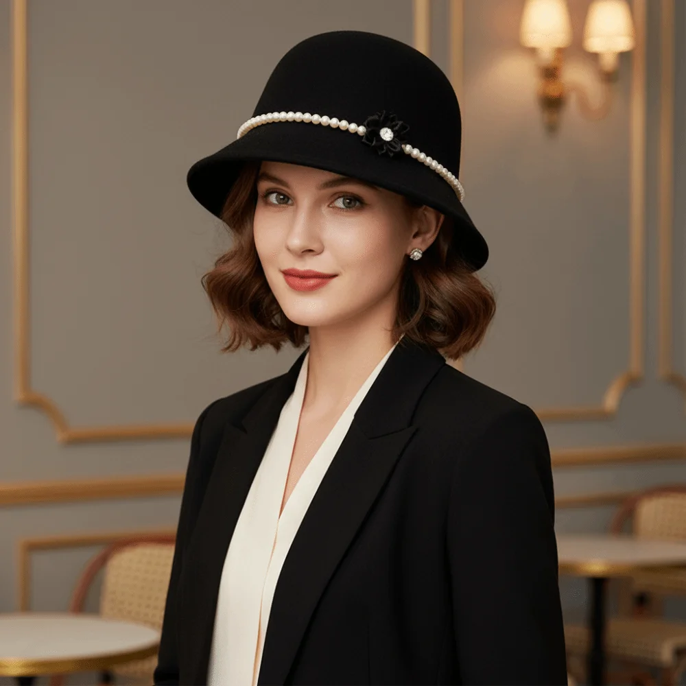 

Simple Pearl Flower Topper Hat Solid Color Warm Fisherman Hat French Style Woolen Woolen Bucket Hat Church