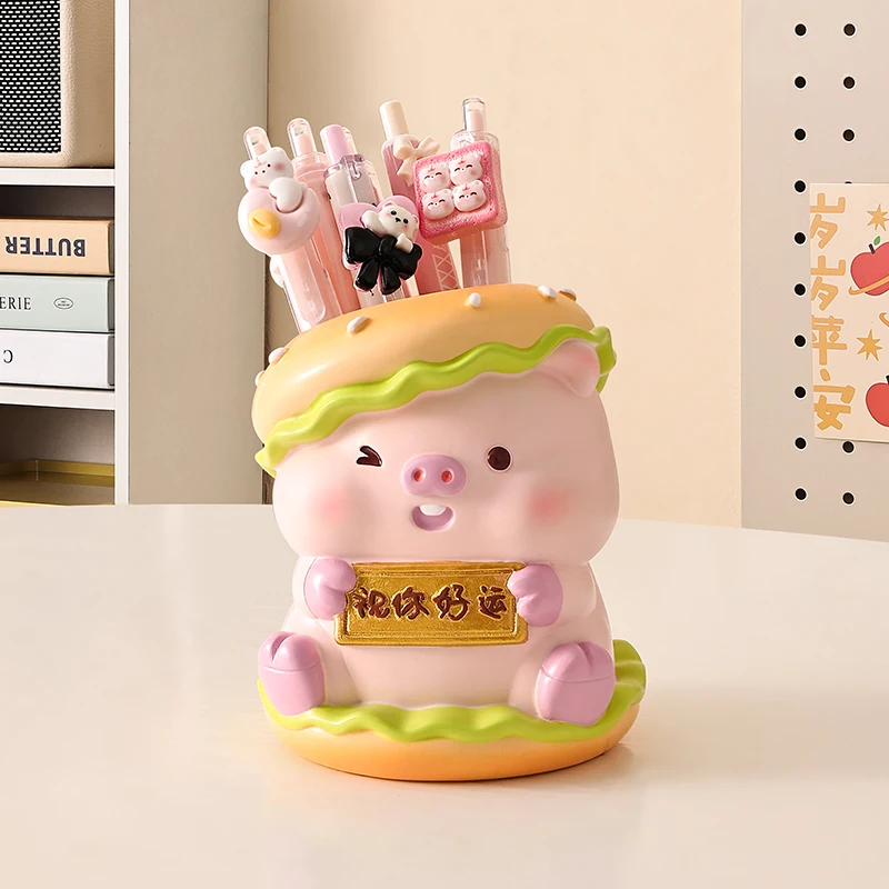 Cute Burger Pig Pen Holder, Kawaii Desktop Stationery Storage Bucket Creative Tabletop Decor Ornament