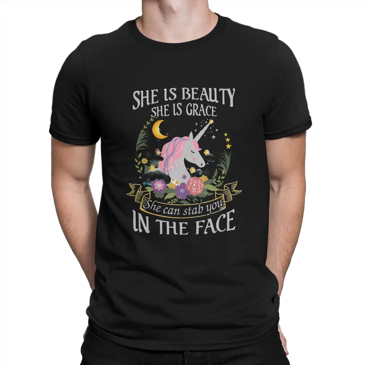 

Cute Unicorn Cartoon Polyester TShirts Moon Print Homme T Shirt Funny Tops