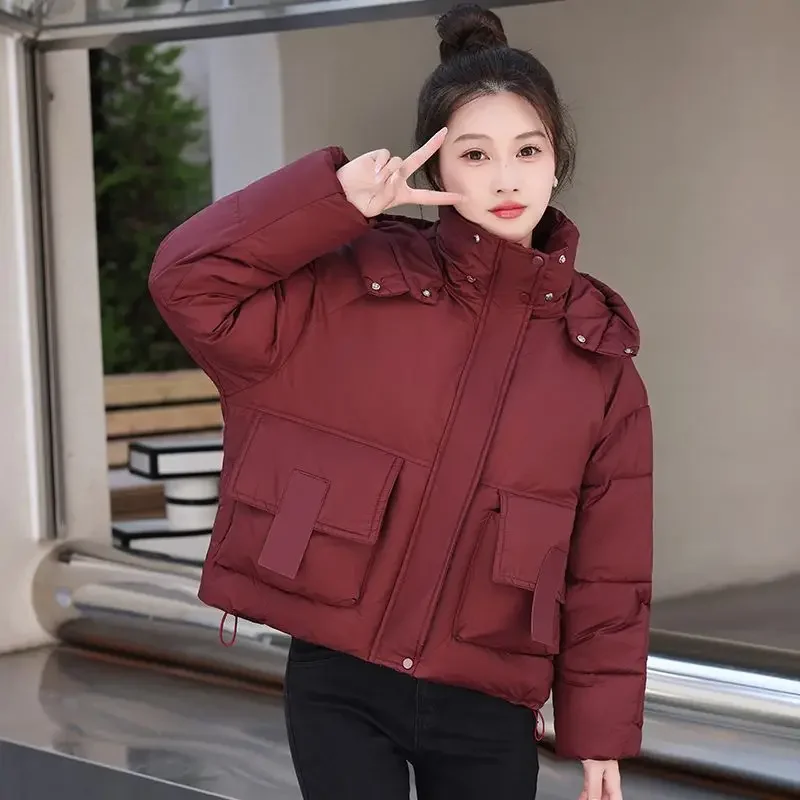 Chic Cropped Jackets Women Winter Parkas Hooded Warm Short Puffer Jacket Pockets Long Sleeve Thick Windproof Streetwear Design