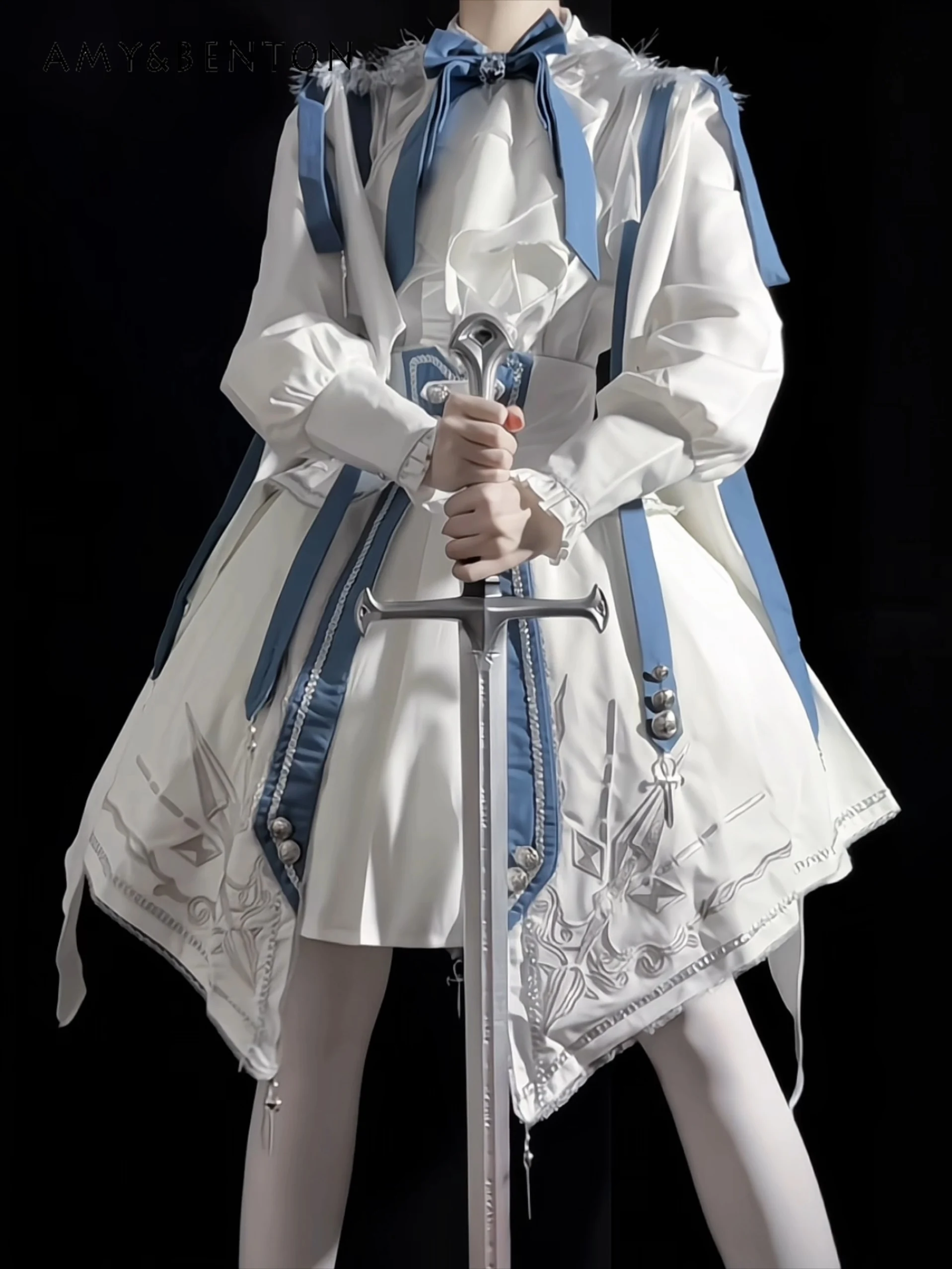 

Spring and Autumn New Women's Lolita Prince Style Bowknot Long Sleeve White Top High Waist Slim Fit Half Skirt