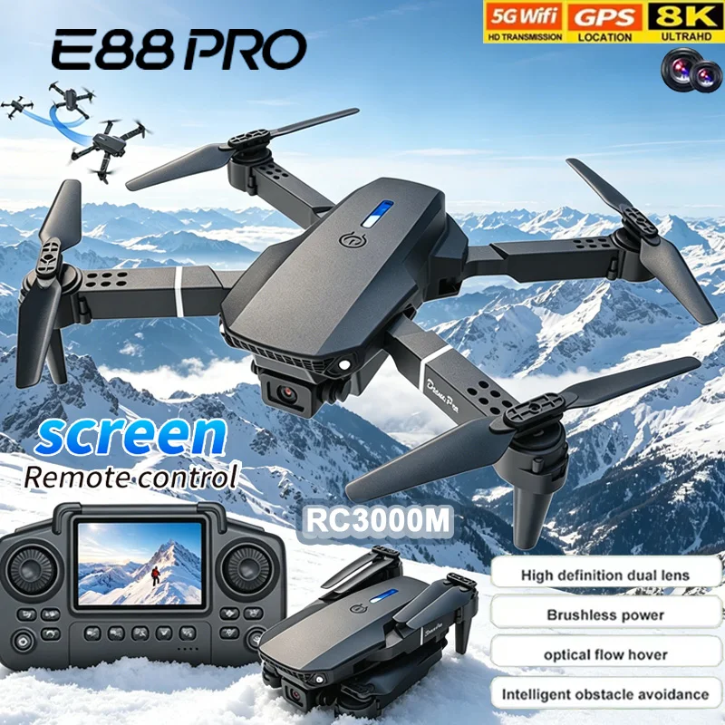 

Дрон 2026 E88 Pro WiFi FPV с одной/двумя камерами 4K/1080P, широкоугольный, HD, с удержанием высоты, складной квадрокоптер, радиоуправляемый вертолет-игрушка