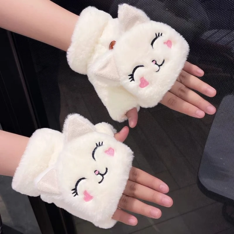 Mitaines à rabat demi-doigt pour femmes et filles, gants sans doigts, optique douce, peluche, chat, lapin, chaud, hiver