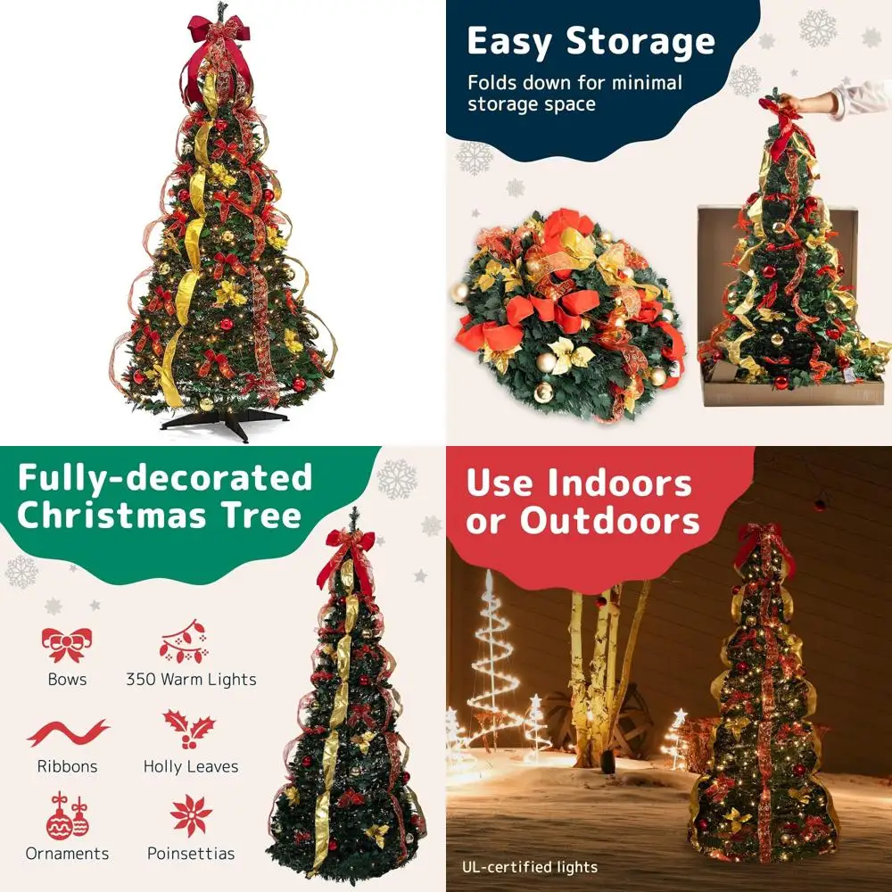 

6-Foot Tall Gold and Red Decorated Christmas Tree with 350 LED Lights, Bows, Ornaments, and Holiday Charm