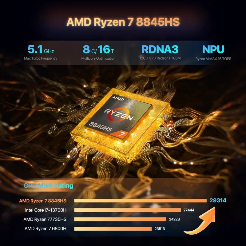 كمبيوتر صغير AMD Ryzen 7 8845HS 32 جيجابايت (قناة مزدوجة) DDR5 512 جيجابايت PCIe4.0 SSD AMD Radeon 660M أجهزة كمبيوتر تدعم أربعة شاشات