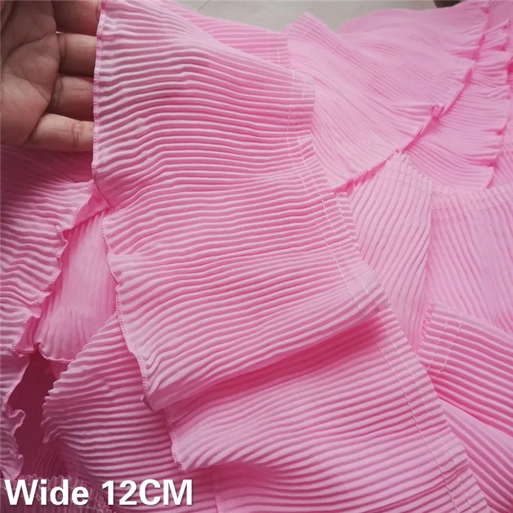 12CM Wide Pink Chiffon Pleated Lace Fabirc Elastic Ruffle Trim Fringe Ribbon Curtains Skirts Apparel DIY Sewing Crafts Supplies