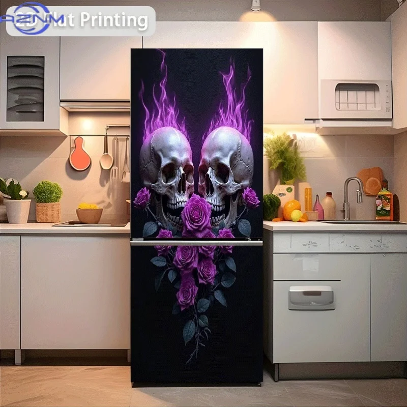 1pc of 2D Flat Design Refrigerator Sticker Measuring  Featuring Dual Skulls And Purple Roses, Self-Adhesive Wall Decor Wallpap