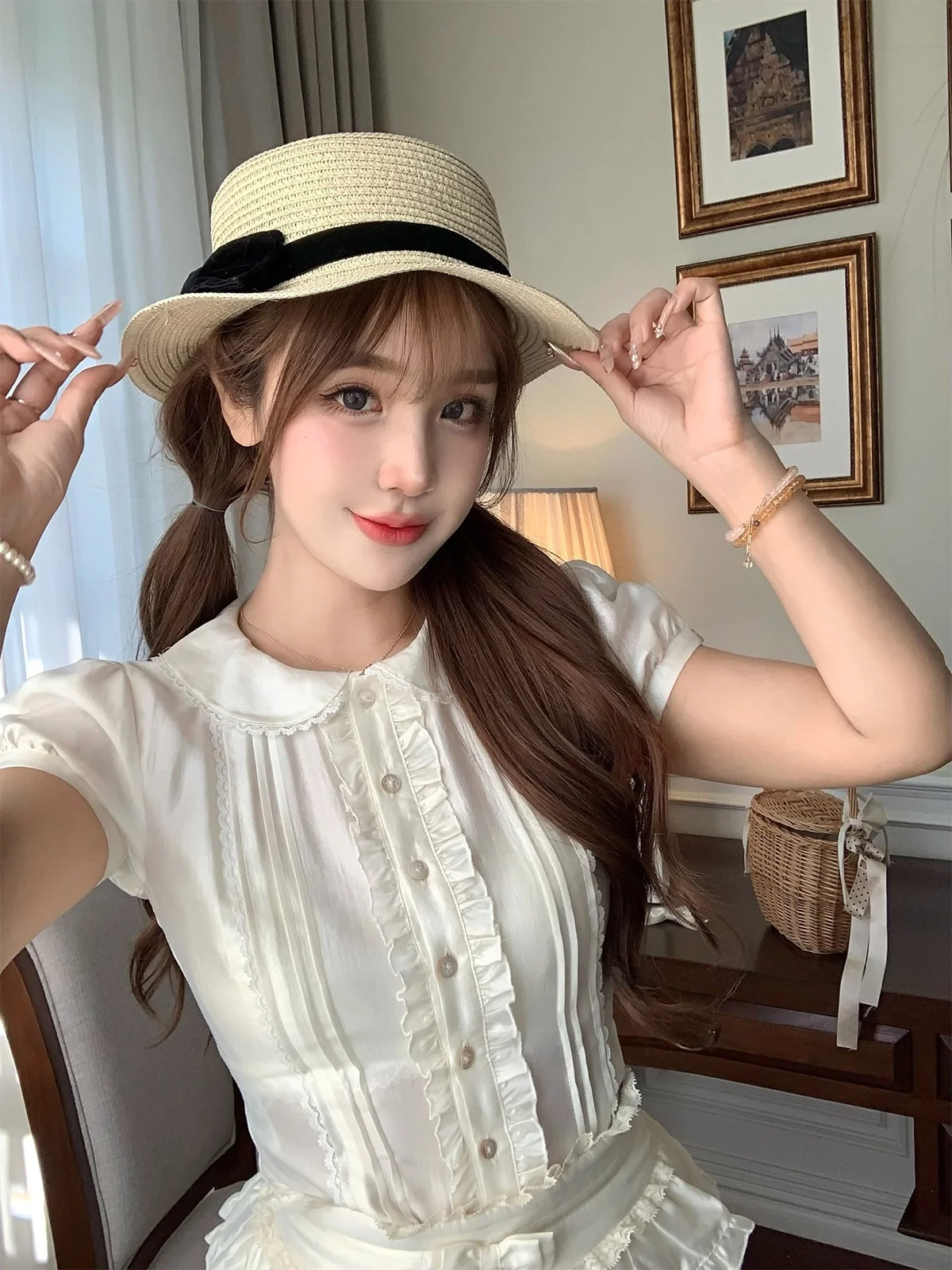 

Kimicoy Nanae Silk Blend Ruffle Hem irt Women's ort Sve Doll Collar Lace Splicing Waist Cinched Spring 2026