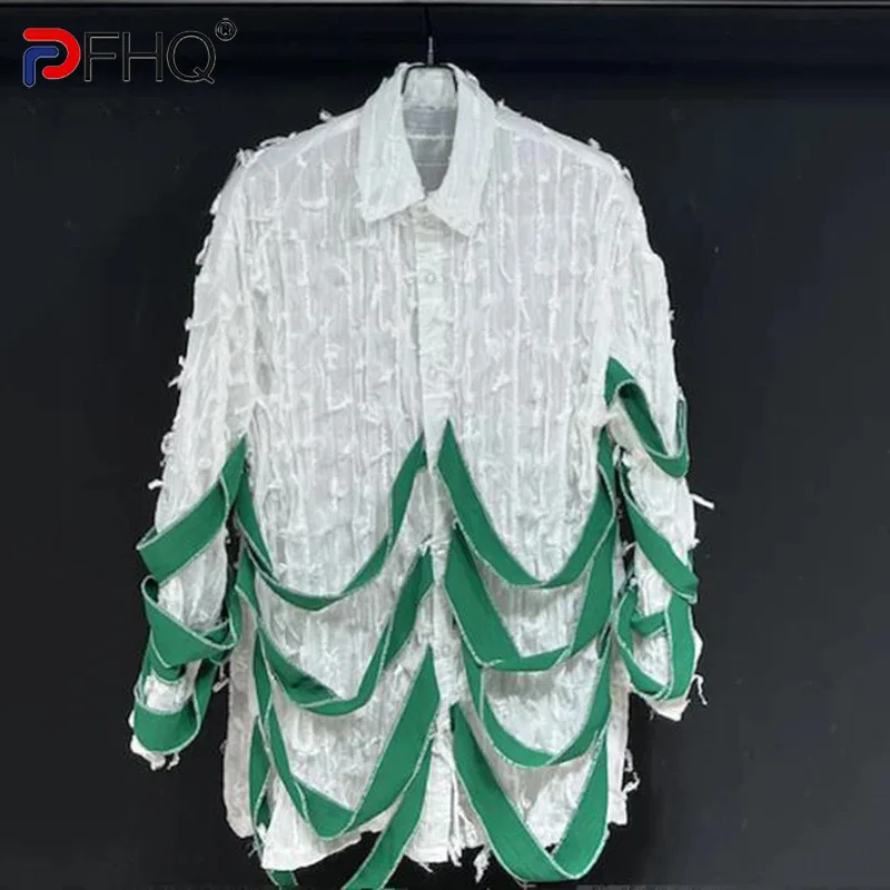 

PFHQ Shirt Design 2024 Autumn New Fashionable Personalized Patchwork Contrast Color Tassels Turn-down Collar Male Tops 21Z6081