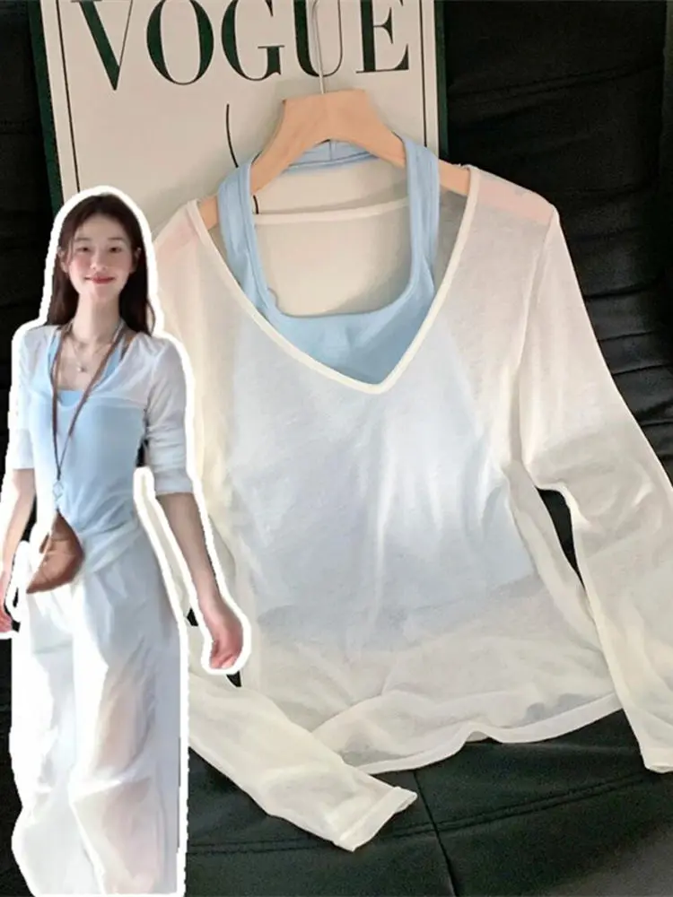 الرغبة النقية مثير الأبيض V-Ne طويل Sve أعلى + ter Ne صديرية دائرية المرأة قطعتين مجموعة رقيقة Sunade التستر تي شيرت