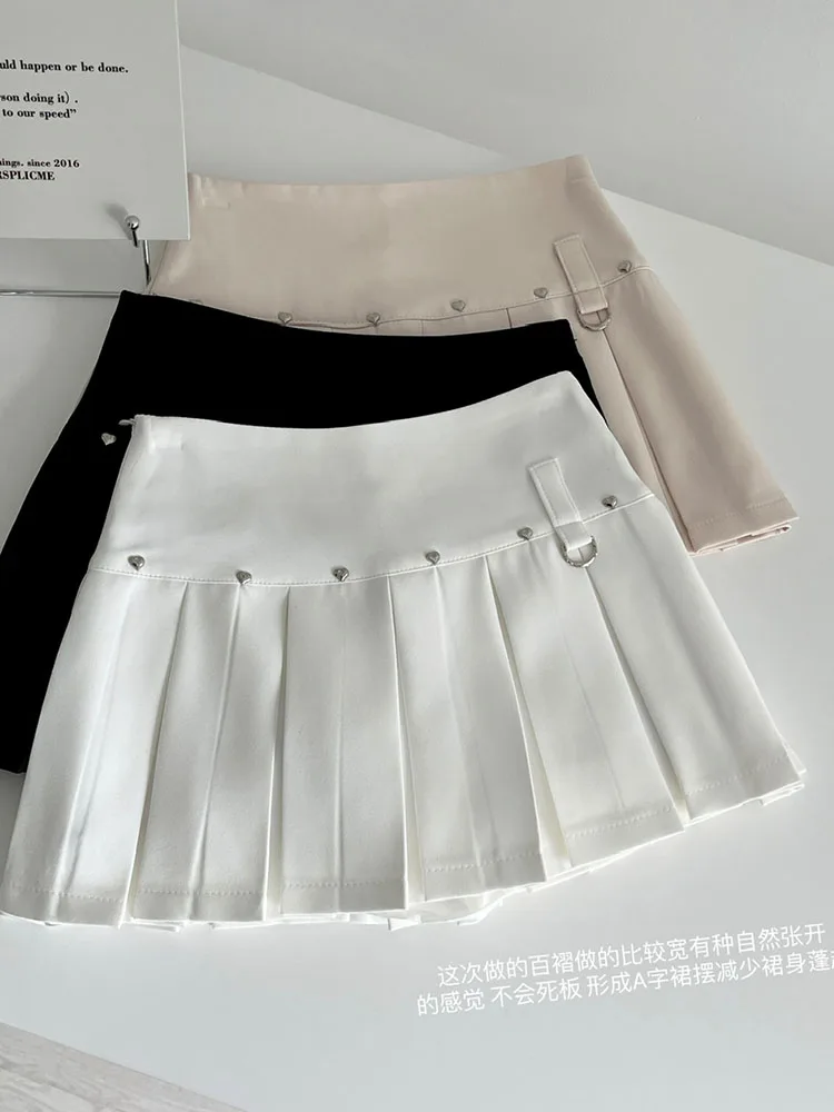 New Design Fashion Solid Pleated Skirt Rivet Basic A-Line Skirt Gyaru Chic Hot Streetwear Clubwear 2000s Aesthetic Spring Summer