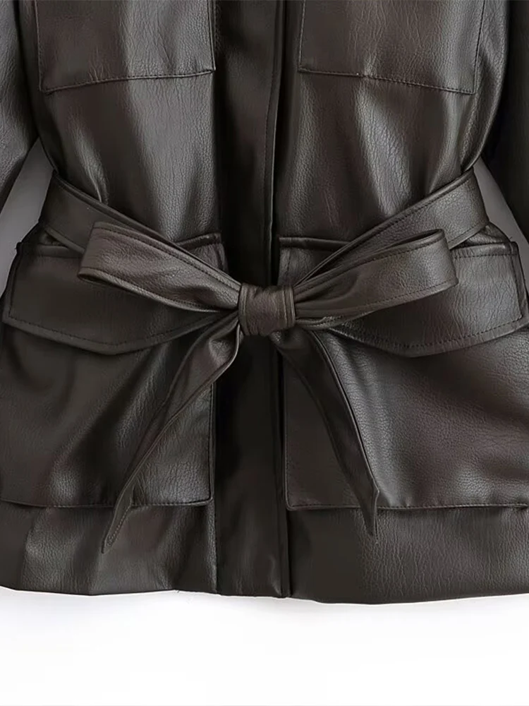 Estilo europeu nova moda feminina versátil temperamento cinto lapela decorativa jaqueta de couro de comprimento médio