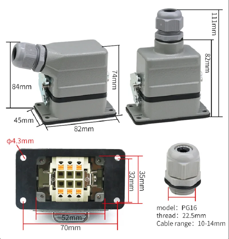 HDC-HE-006 Heavy Duty connector Waterproof aviation plug receptacle (connecting cables by shrapnel crimping)