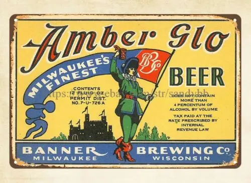 wall cart Amber Glo Milwaukee's finest beer Brewing Co metal tin sign