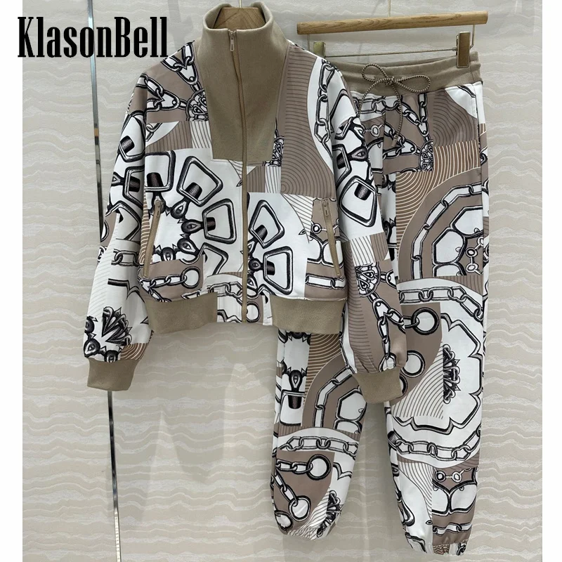 

10.20 KlasonBell-Women Tracksuit Girl 2 Piece Cotton Print Set Stand Collar Zipper Sweatshirt Jacket Or Drawstring Waist Pants