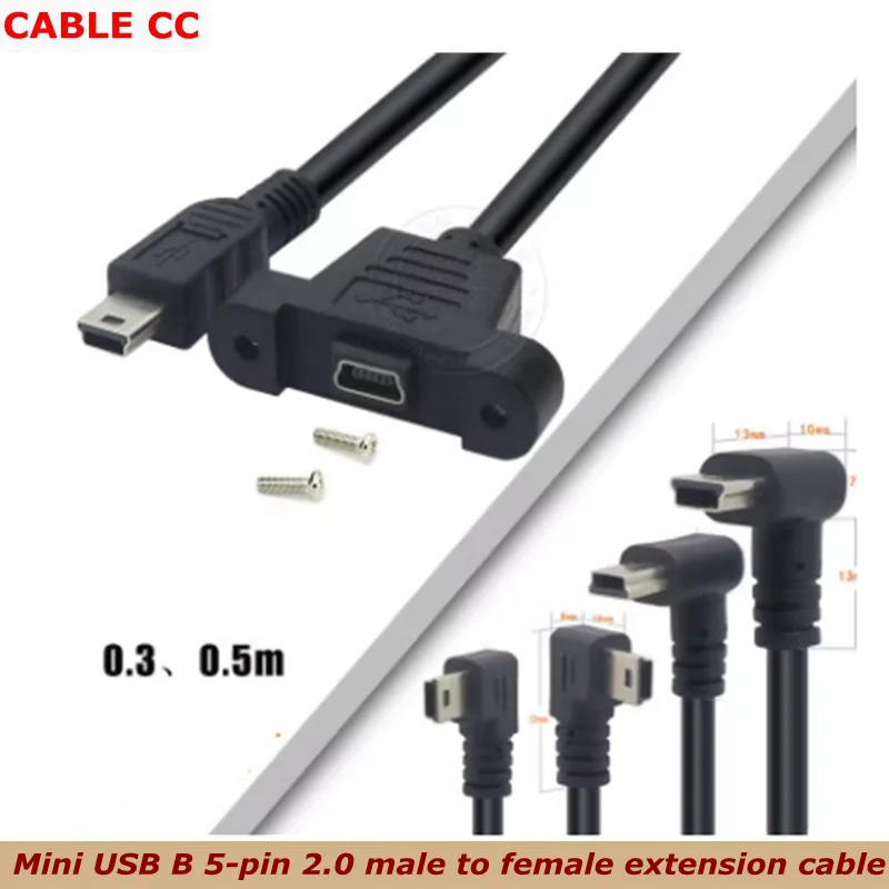 90 Degree Mini USB 2.0 Type-B 5Pin Male to Mini USB 5Pin Female Extension Cable With Panel Mount Hole Including Mounting Screws
