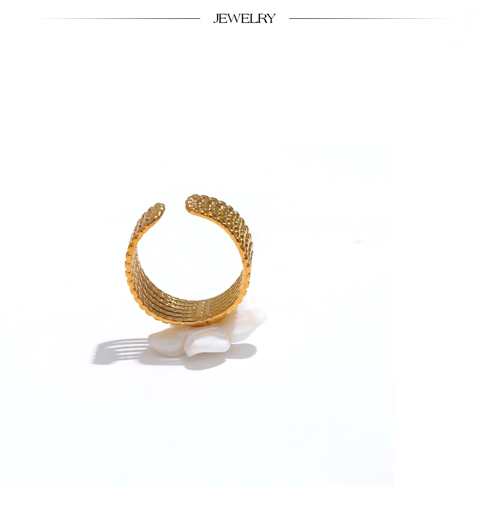 Yhpup Thicker Natural Shell Flower Open Gold Color Ring Fashion Stainless Steel Stylish Exquisite Waterproof Finger Jewelry