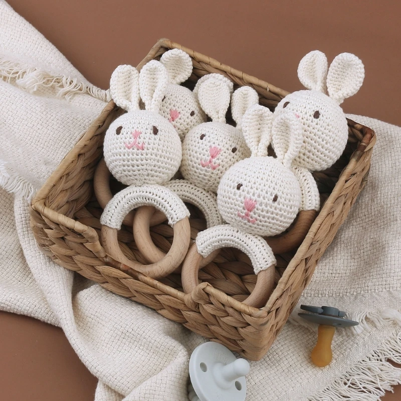 

1pc Baby Teether Music Rattles for Kids Animal rabbit Crochet Rattle Ring Wooden Babies Gym Montessori Children's Toys