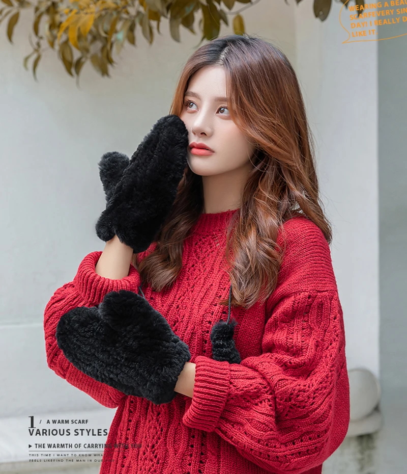 Women's Winter Real Rex Rabbit Fur Gloves Warm Thick Ladies Fur Mittens Elastic Girls Ski Glove Mitts Elastic Soft With String