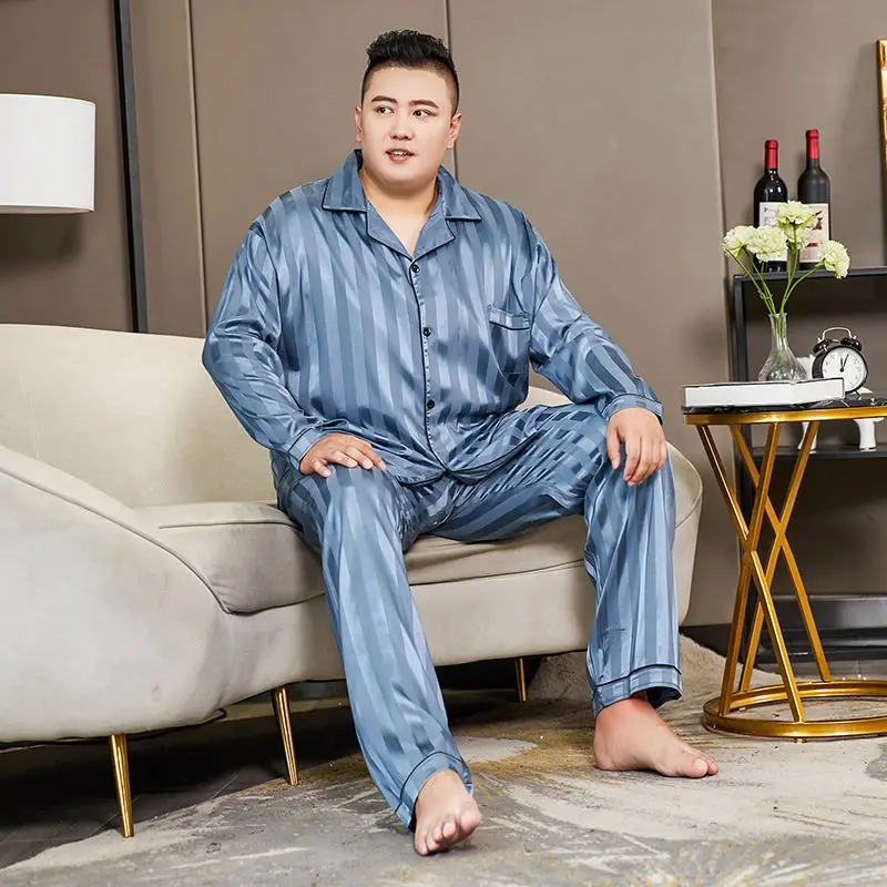 Fat Pajamas Men Big Size Plus Fat Ice Silk Summer Long Sleeve Men Cartoon Imitation Silk Spring  Autumn Book 290 Pounds Comfort