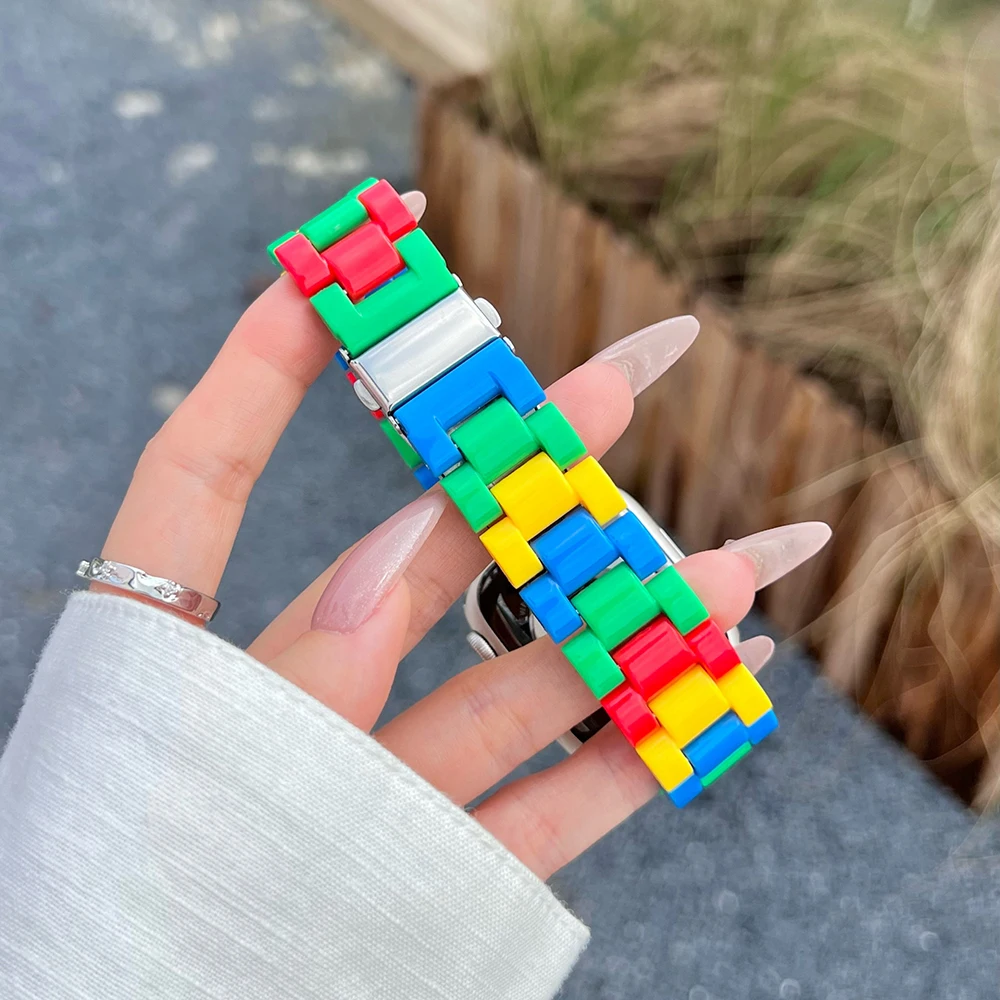 Korean Cute Colored Building Blocks Acrylic Strap For Apple Watch Band 49 41 45 44 42 46 Girl Wrist Bracelet For iWatch 10 9 8 7