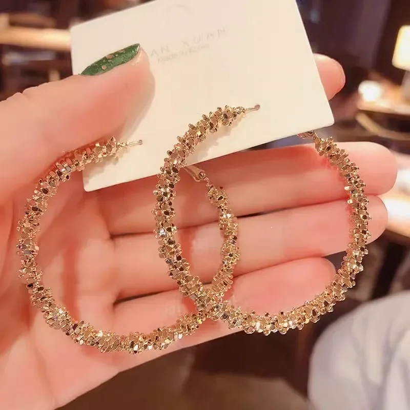 Exaggerated 50mm Caterpillar Gold Color Metal Crushed Stone Hoop Earrings for Women European American Punk Jewelry Girl Gift