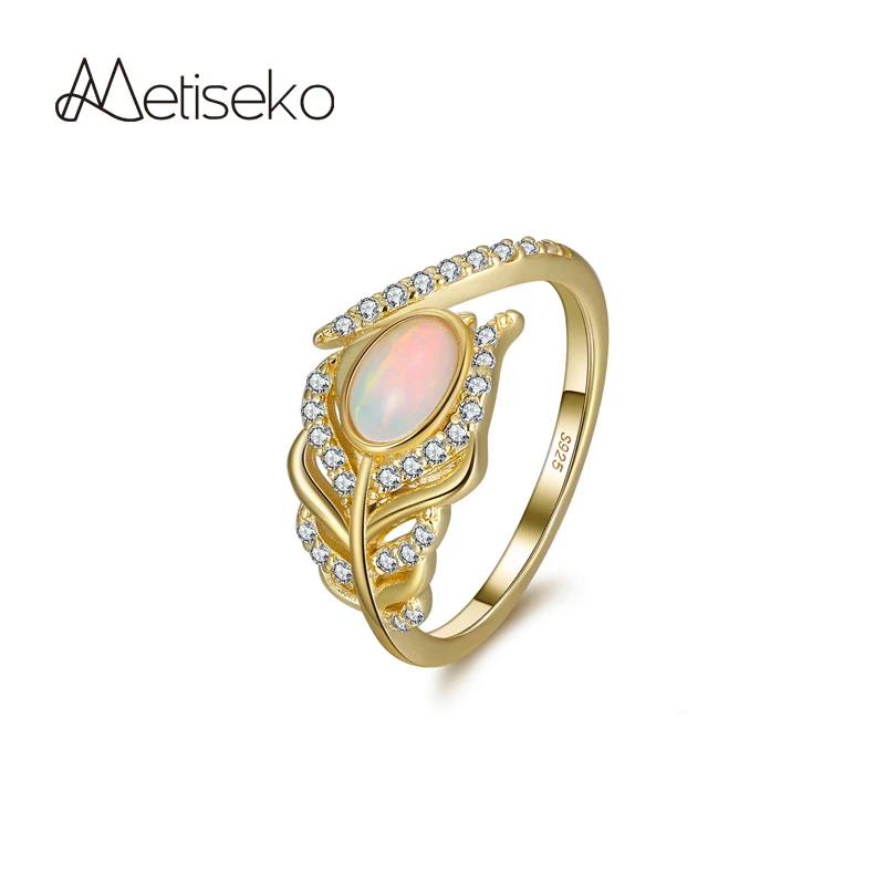 

Metiseko натуральный опал камень стерлингового серебра 925 пробы кольцо в форме пера блестящий кубический цирконий изменяемого размера обручальные кольца для женщин