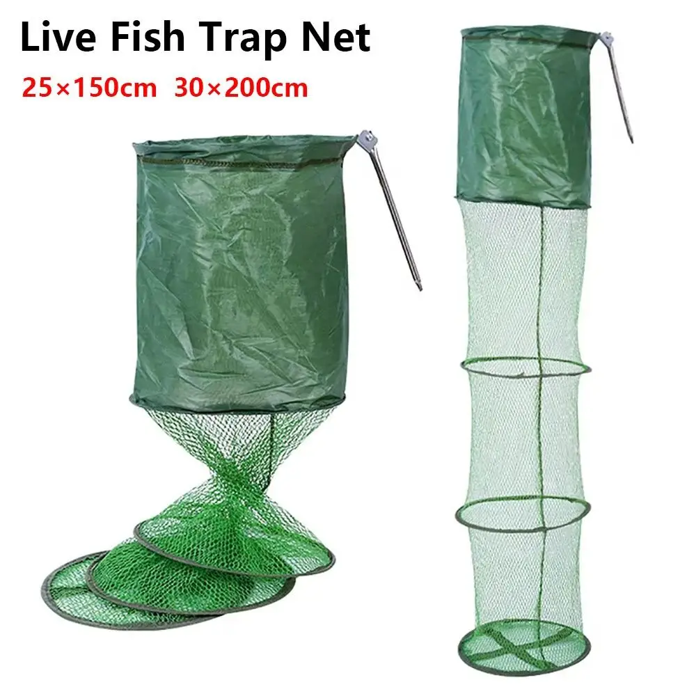1Pcs 30x200cm Fish Cage Nylon Mesh Folding Collapsible Fish Basket Waterproof Gluing Coating Quick Drying Live Fish Trap Net