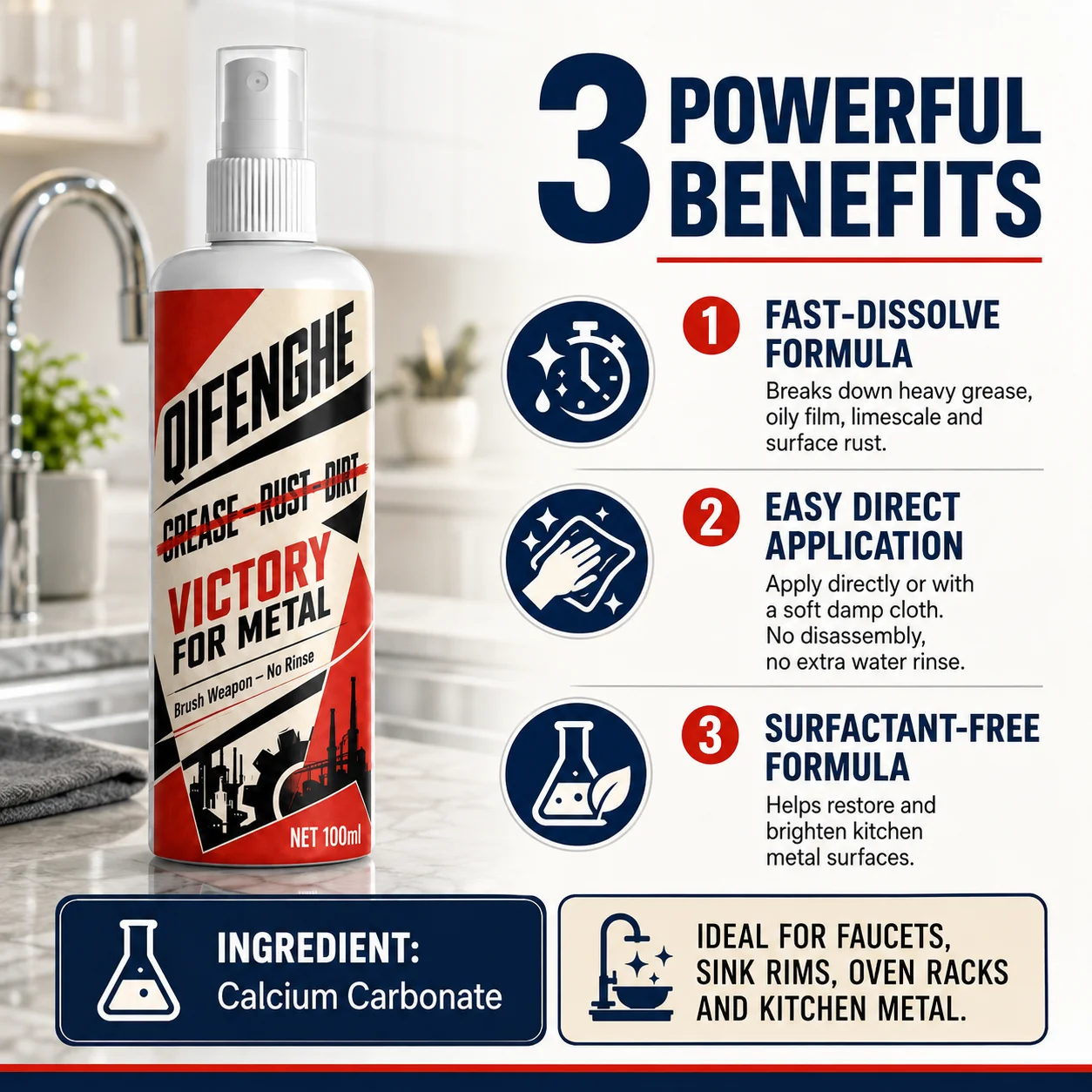 QIFENGHE Oven and Grill Cleaner 100ml, Heavy Duty Degreaser, Rust and Stain Remover, Revives Metal Surfaces, Calcium Carbonate,