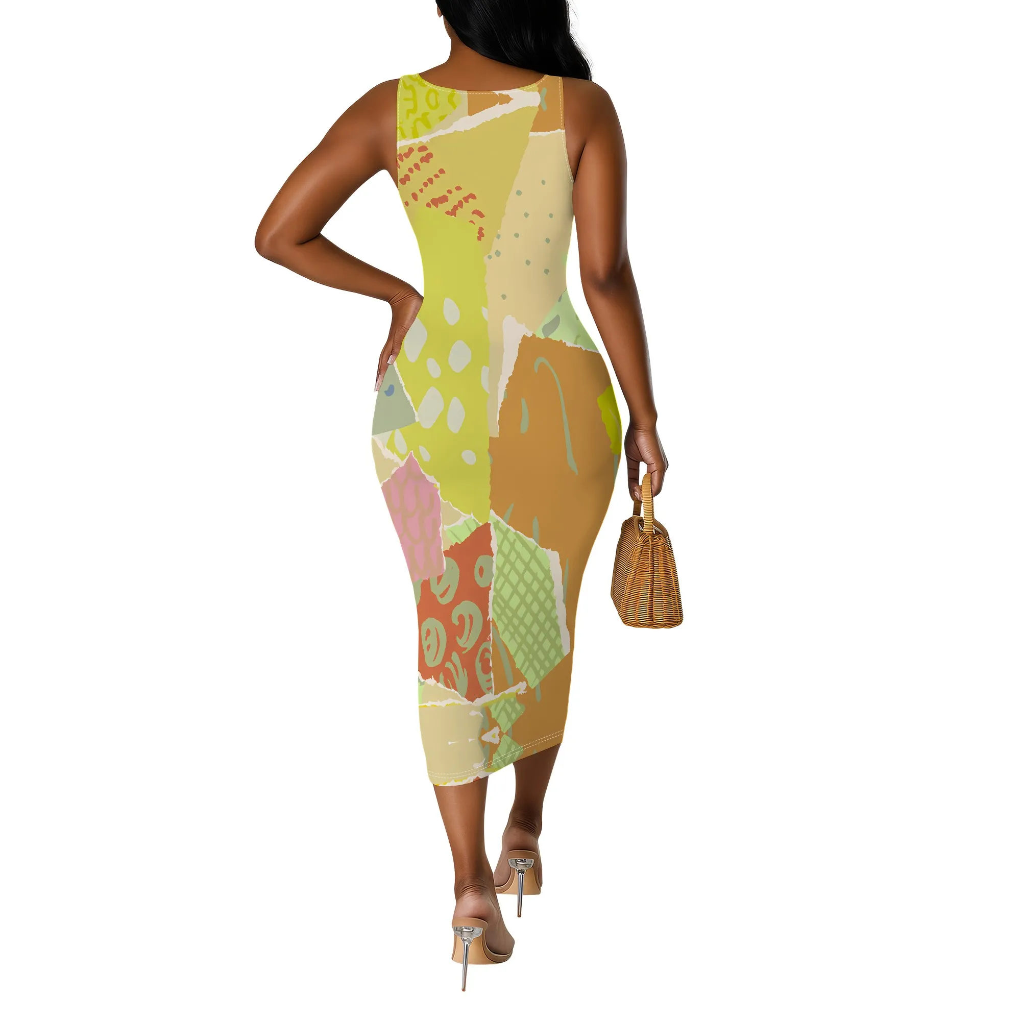 Plus size mouwloze bodycon-jurk Kleurrijke patchwork artistieke print tank midi-jurk voor de zomer