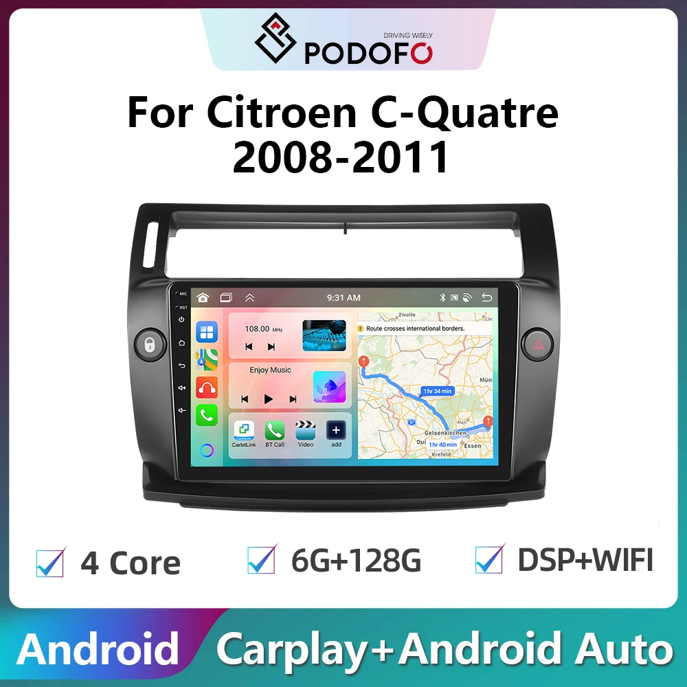 Автомобильный радиоприемник Podofo, Android, для Citroen C4 C-Triumph C-four 2004-2011 Carplay, стереопроигрыватель, Авторадио, Wi-Fi, GPS-навигация, FM/RDS