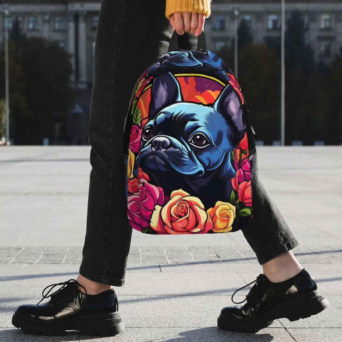 French Bulldog With Flowers Backpack Student BookBag Children School Bag Laptop Shoulder Bags for Boys Girls