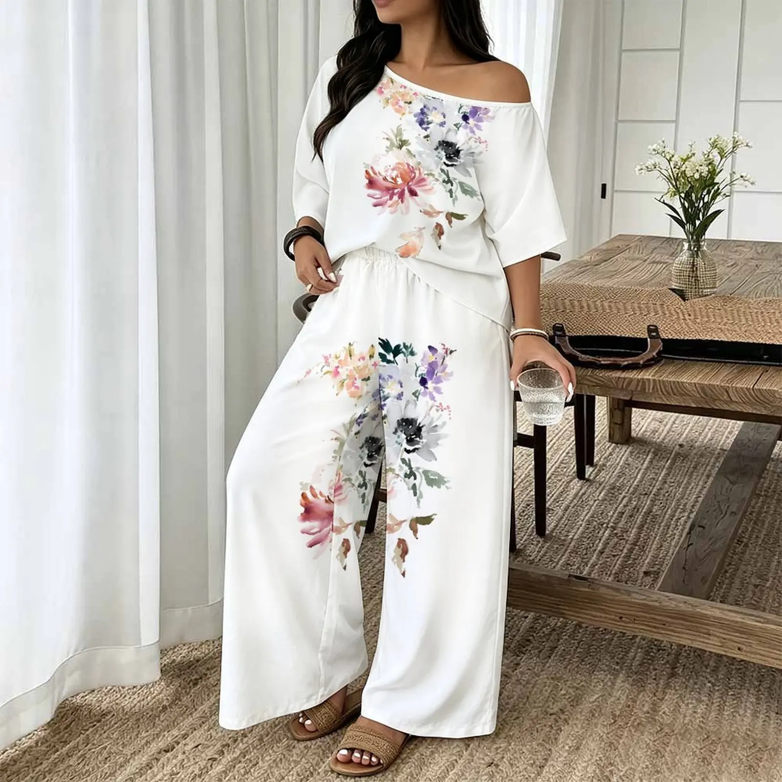 Plus Size Women Spring/summer Fashion Print Two Piece Off-shoulder  Round Neck T-shirt Casual Vacation Long Pants