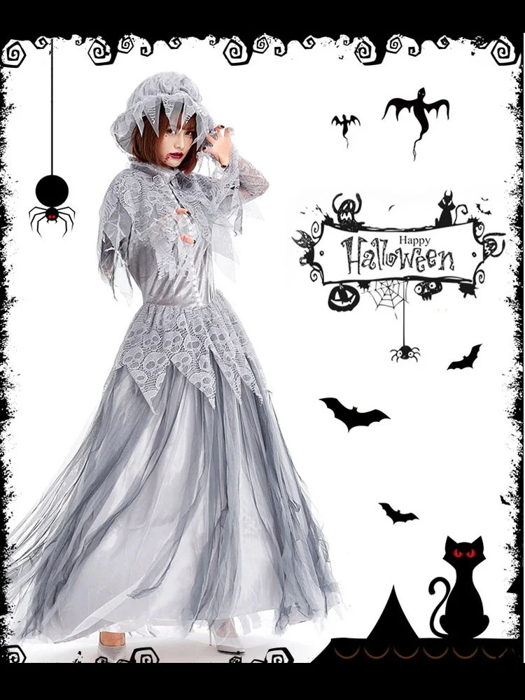 Fsia de Noiva Zumbi Longa para loween, Estilo Vintage, Vestido Longo de Princesa Esqueleto, Traje de Festa de Terror, ...