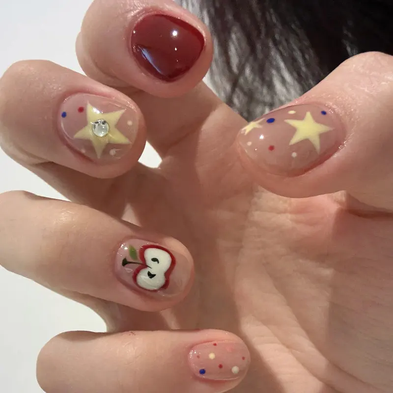 

10PCS Korean Short Square Round Handmade Press on Nails Cute Cartoon Apple Star False Nails with Diamonds Sweet Ins Fake Nails