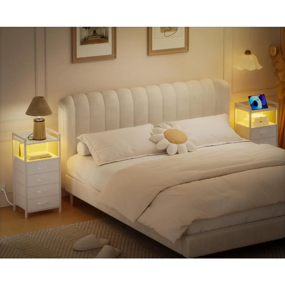 منضدة بيضاء معاصرة مع شحن USB وإضاءة LED وأدراج قماشية وخزانة غرفة نوم طويلة #2