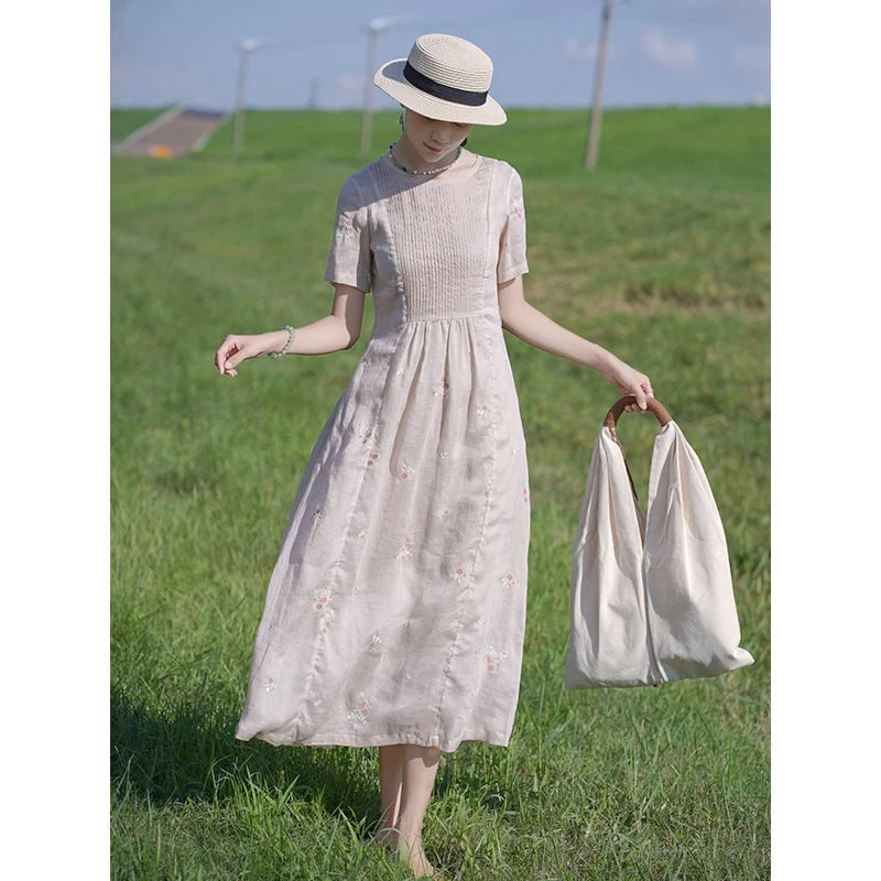 Vestido de Lino Bordado Ele, de una Pieza 5350, de Dos Piezas 4280, Estilo Artístico, Hermosa Falda Larga, Manga Corta, Cuello Redondo