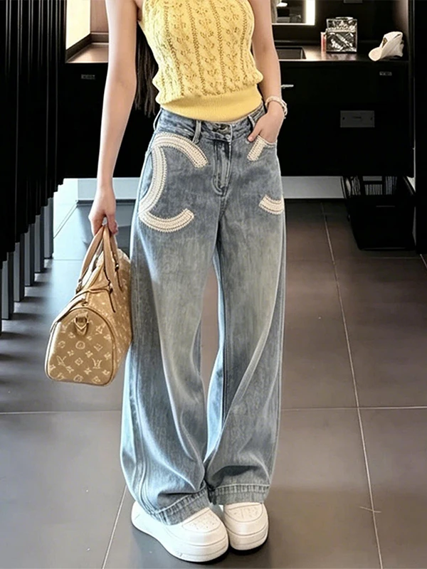 Elegant High Waist Wide Leg Embroidered Denim Jeans Casual Straight Cut Floor Length Pants for Women Autumn New Style Slimming