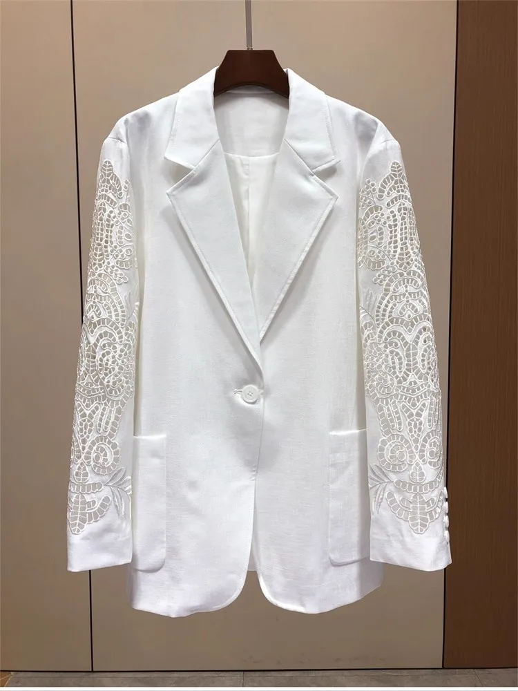 

Top Quality New Blazer Coat 2025 Autumn Women Notched Collar Hollow Out Embroidery Pocket Patchwork Long Sleeve Black White Coat