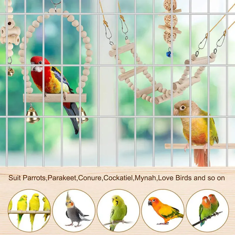 9PCS Set Combination Parrot Bird Toys Wood Articles Bite Pet Bird Toys For Parrot Training Bird Toy Swing Ball Bell Standi