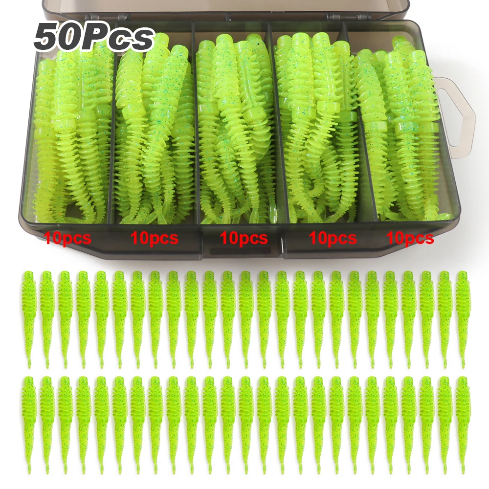 50 Stück/Box Weiche Köder 6,5cm 7,5cm 8,5cm TPE-Wurm mit Jighaken Karpfenangeln Pesca Swimbait-Ausrüstung Fischgeschmack Angelzubehör-Box Köder