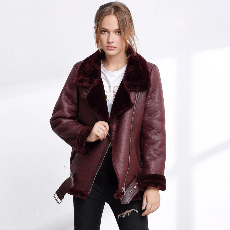 FTLZZ Autumn Winter Faux Soft Leather Women Faux Lamb Leather Jacket Coat Warm Fur Collar Motorcycle Black Punk Zipper Outerwear