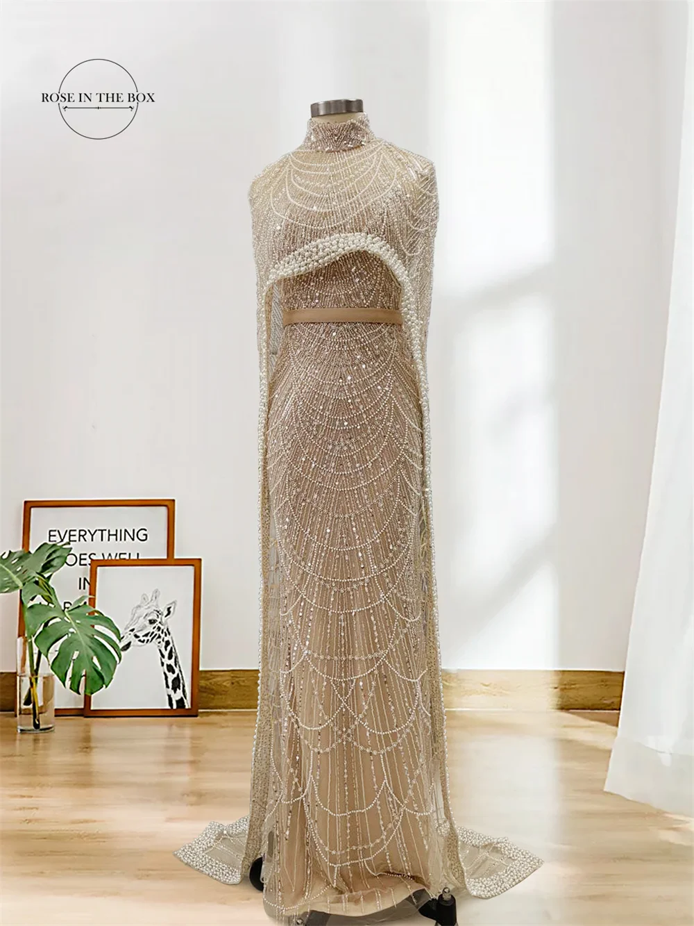 Luxury Beaded Evening Dresses Dubai Nude Mermaid Elegant Long Cape Sleeves Arabia Formal Occasion Gowns 2024 For Women Party