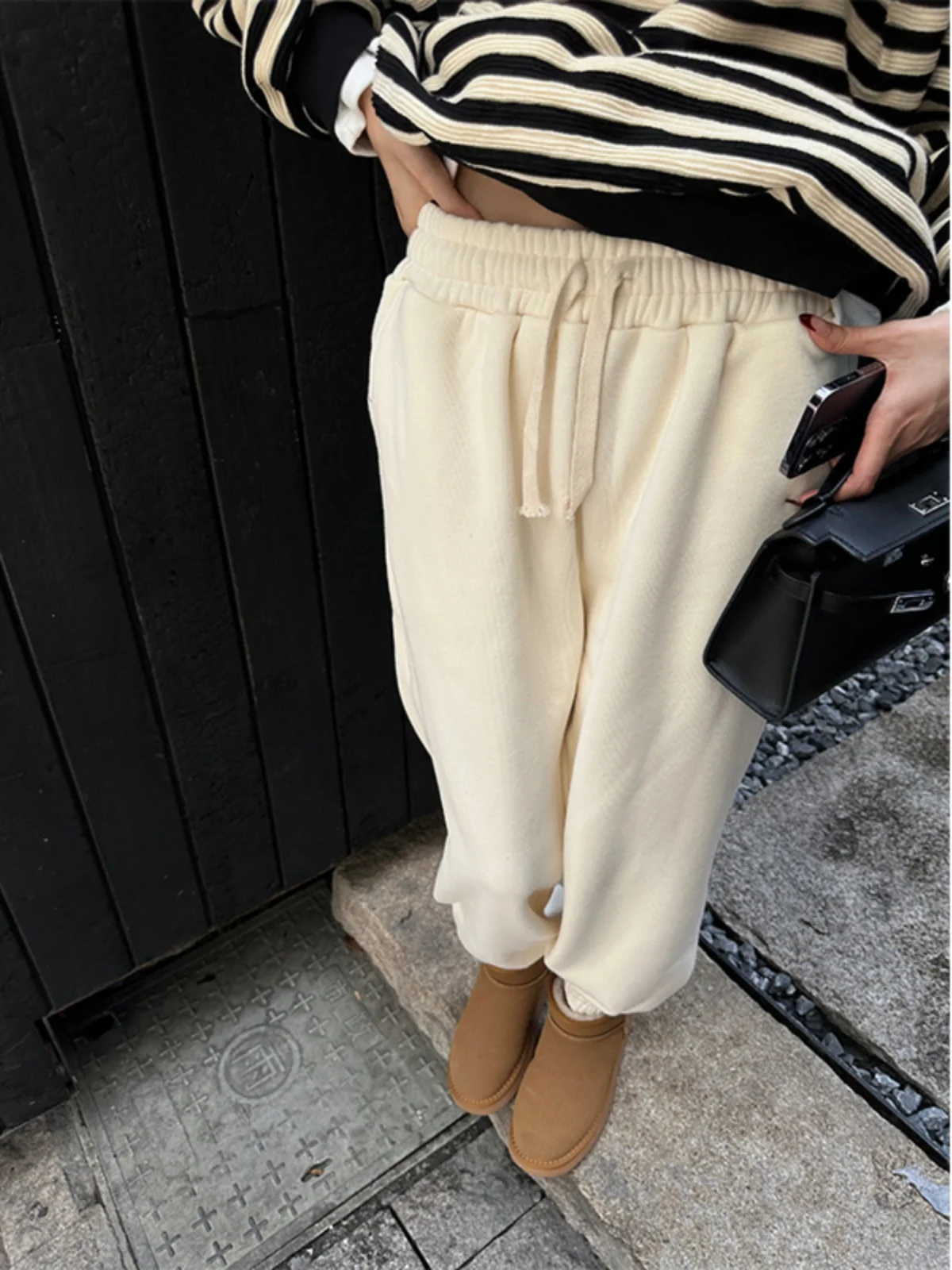 

Thiened Fce Dstring Trousers Street Sle High Waist Long Pants Women's Winter Sport Harlan Cuffed Sweatpants
