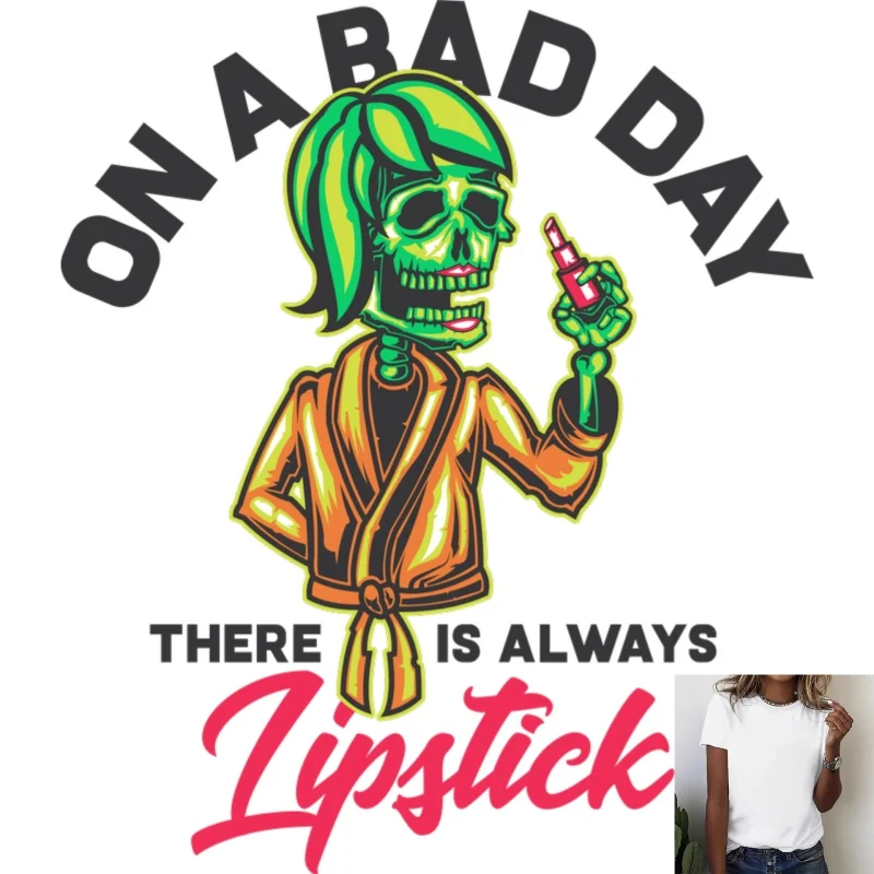 Funny Skeleton Applying Lipstick Heat Transfer White Ink Iron - on Patch, Trendy & Stylish for T - shirts, Canvas Bags & Other