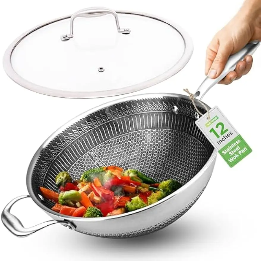 

12" Induction-Ready Stainless Steel Wok with Non-Stick Coating and Scratch-Resistant Design